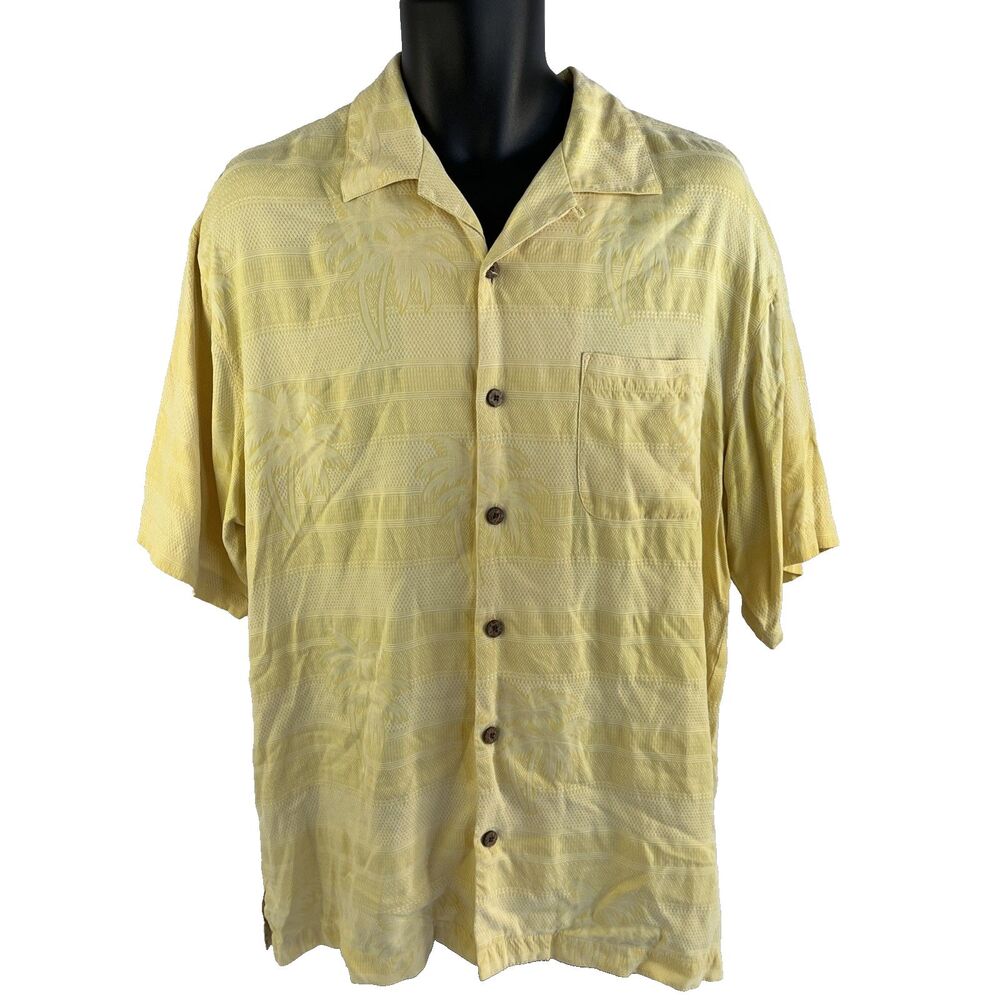 Mens Tommy Bahama Short Sleeve Hawaiian Camp Shirt Sz M Silk Yellow Palm Trees